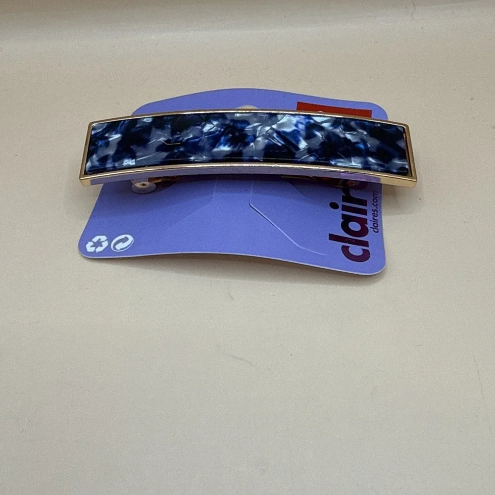 Claire's Rectange Blue Black Marble Print Barrette Hair Clip Gold Rim 3.5